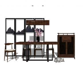 新中式禅意餐厅家具SU模型