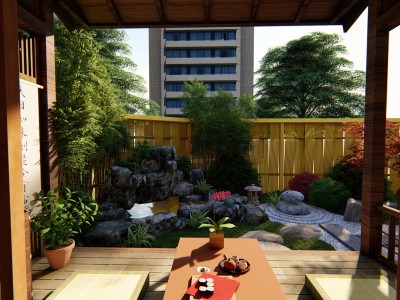 日式精致小庭院景�^建筑SU模型