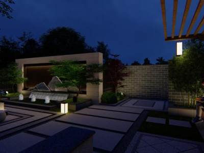 新中式小庭院室外庭院泳池SU模型