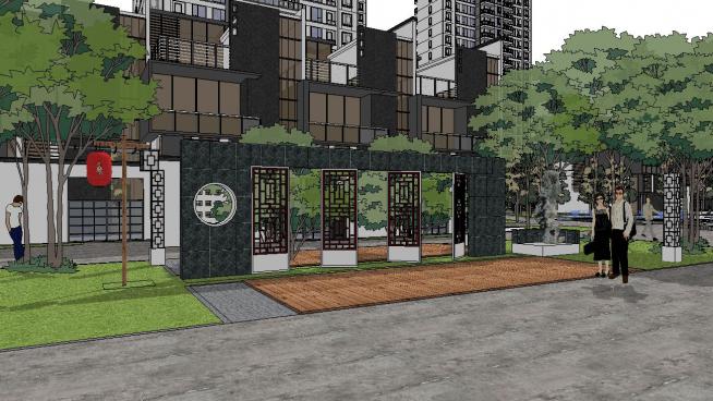 新中式风格小区住宅庭院SU模型