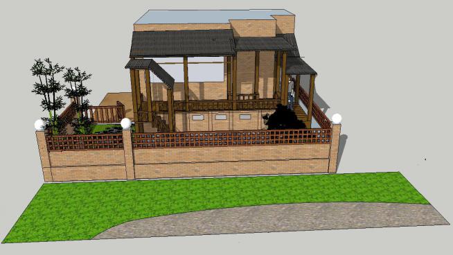 中式���小排屋庭院SU模型