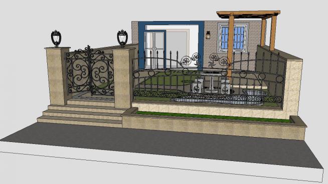 简易的中式庭院SU模型（含石桌石凳、铁艺围栏、凉棚）