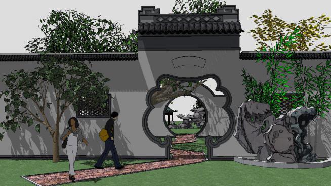 中式园林大门入口SU模型（内含假山、八角亭）模型