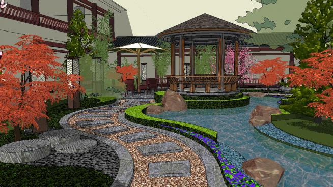 中式花园庭院景观模型
