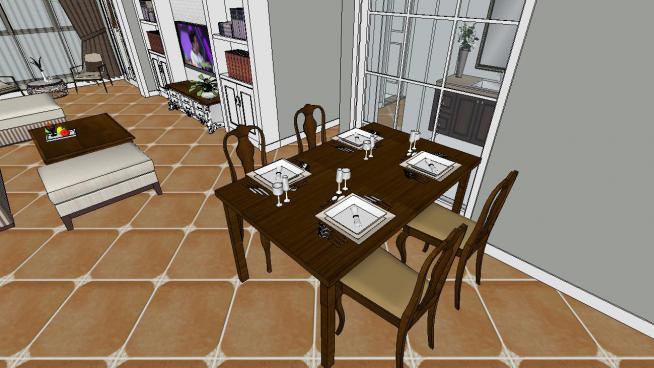 欧式简装客厅厨房餐厅S模型