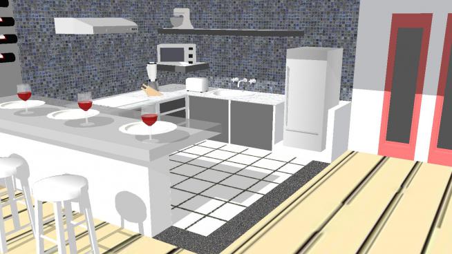 现代厨房及吧台上的红酒SU模型