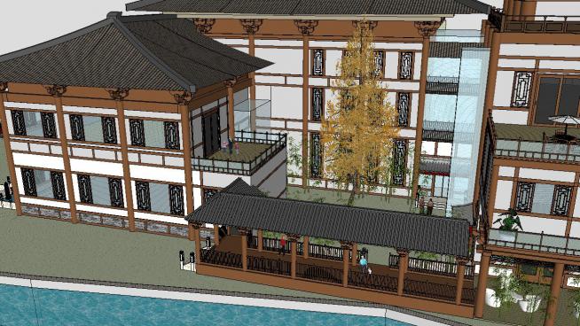 中式古建风格酒店建筑SU模型