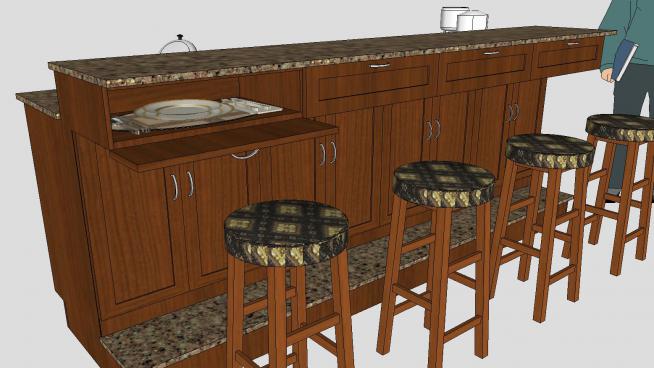 欧式木制厨房吧台桌椅SU模型