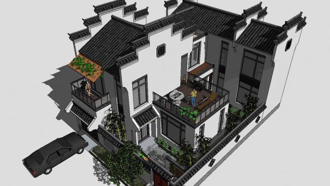新中式徽派风格别墅建筑SU模型