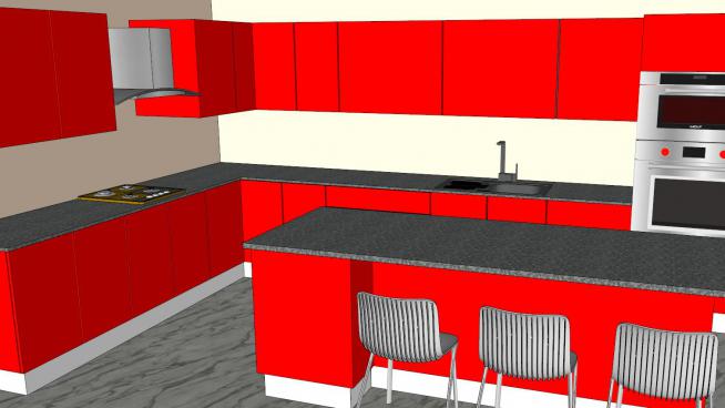 现代红色岛型厨房SU模型