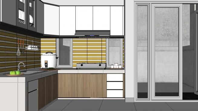 现代L型厨房家具橱柜SU模型