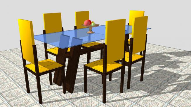 中式地板砖餐桌椅SU模型