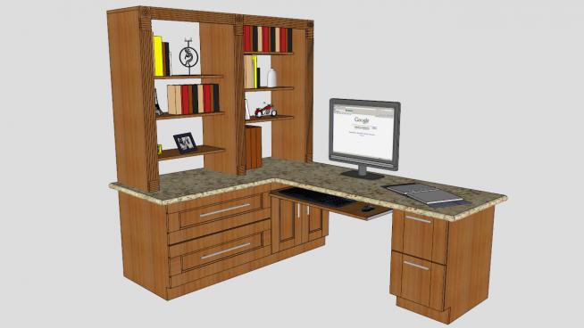 办公室里电脑桌搭书柜的SKP模型