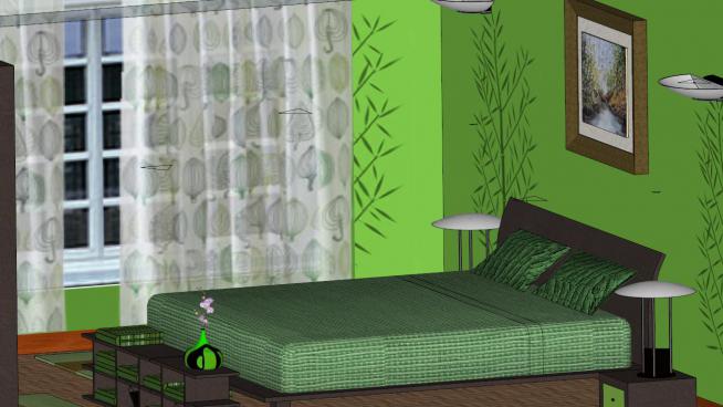 竹绿色室内卧室装修sKP模型设计
