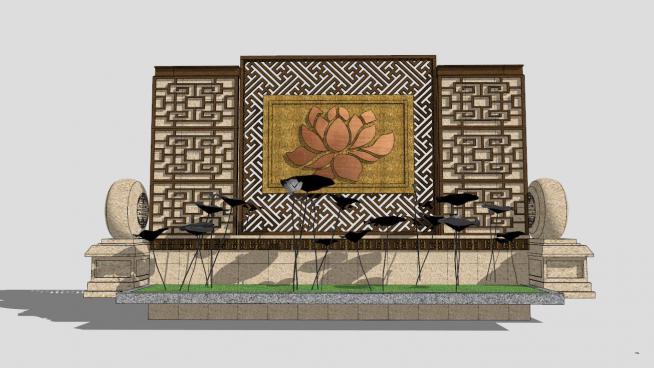 中式荷花池荷花景墙模型