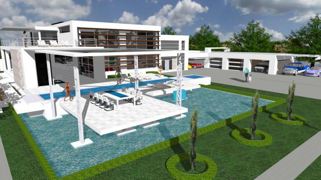 大型现代休闲别墅游泳池模型