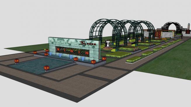 新中式小区入口水景廊架模型