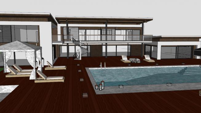 东南亚风格别墅游泳池模型
