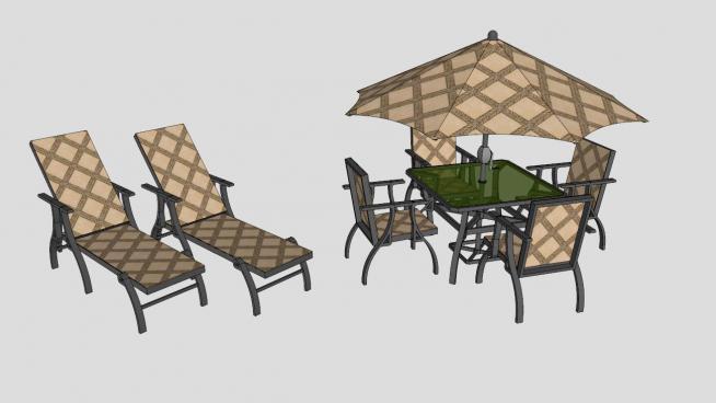 一套户外躺椅和遮阳伞桌椅SU模型