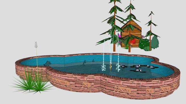 庭院鱼塘水池的SU模型（带喷水）模型