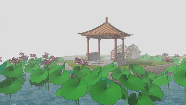 公园荷塘荷花池的SU模型