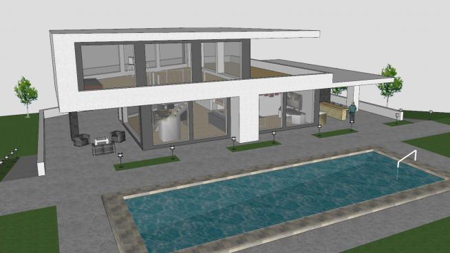 现代房子泳池建筑SU模型