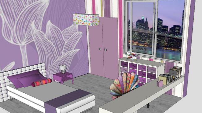 紫色主题卧室SU模型