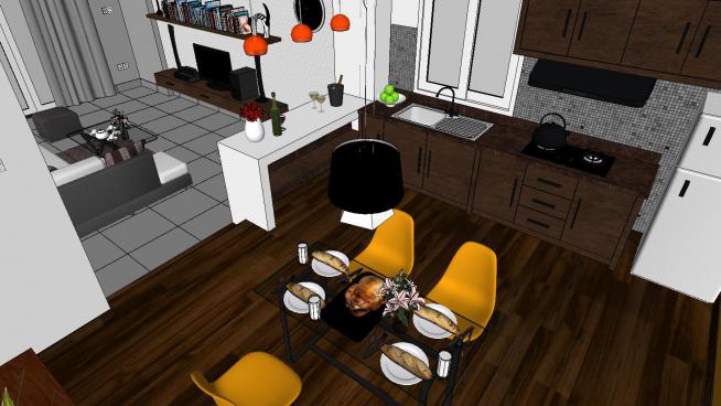 现代风格精美室内客厅餐厅的SU模型