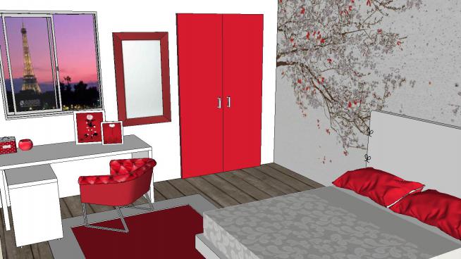 中式红色卧室SU模型