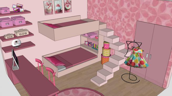 粉红色卧室上下床SU模型