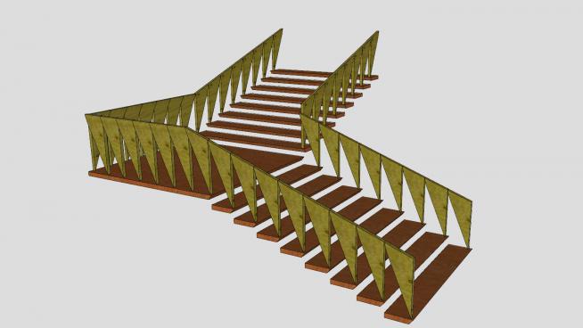 现代木板双跑楼梯SU模型