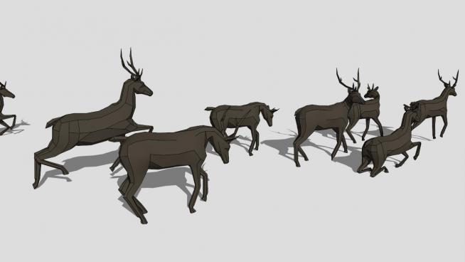 鹿群动物黑色雕塑SU模型