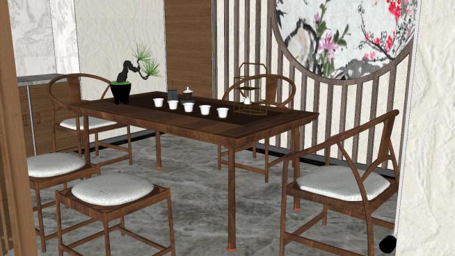 中式包��空�g含��木茶桌�b�板SU模型