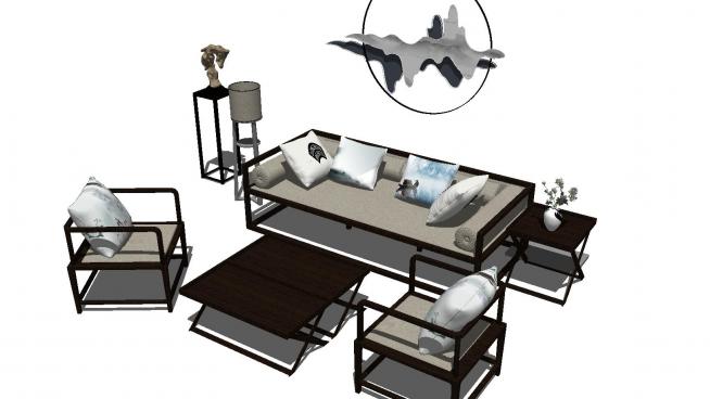 新中式客厅沙发茶几置物架组合SU模型