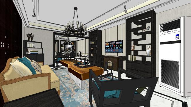 新中式别墅室内客厅SU模型