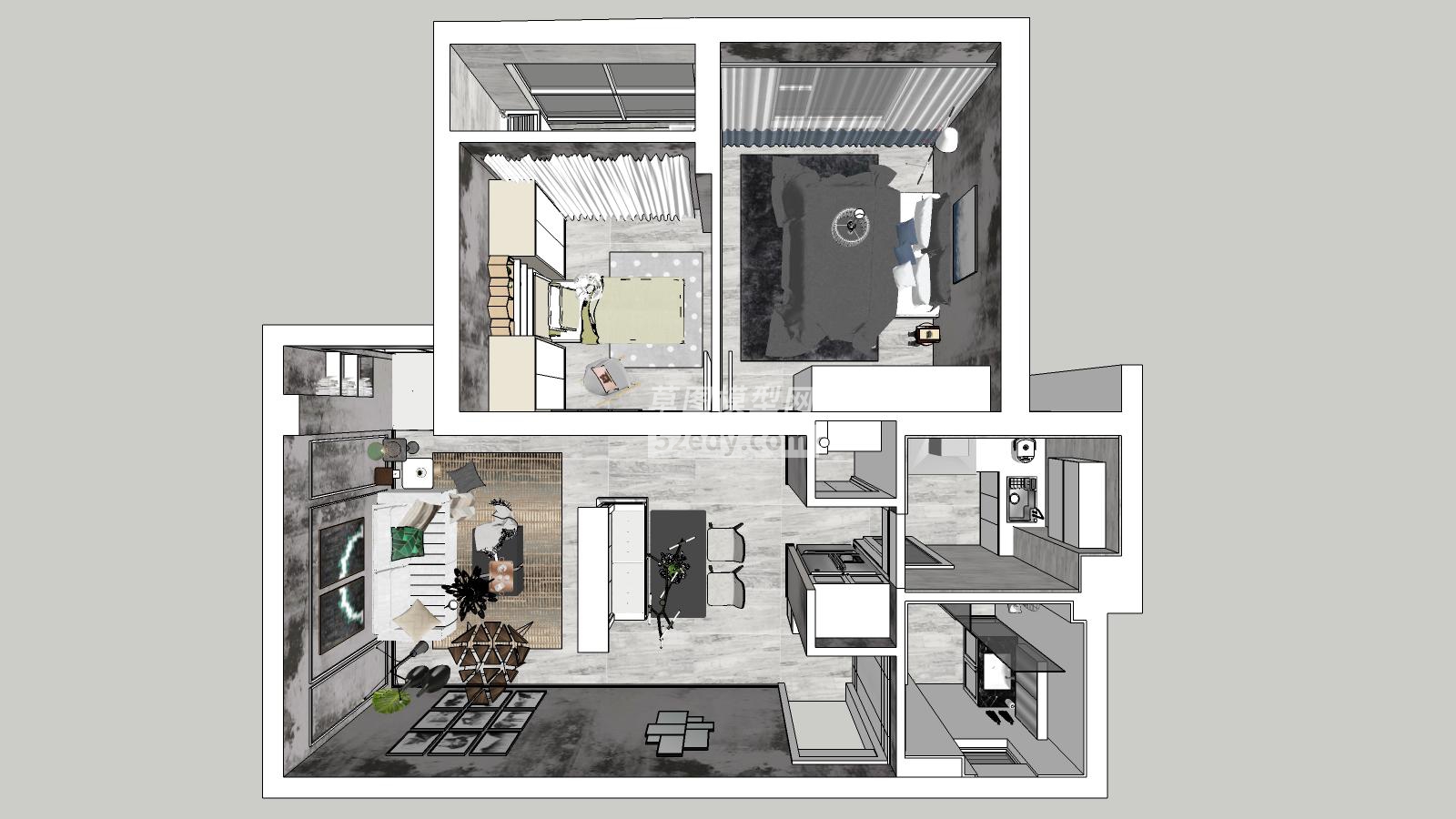 现代工业风两室两厅家装SU模型很酷的LOFT小户型-场景号41(12)