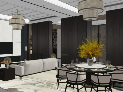 新中式别墅客厅餐厅SU模型