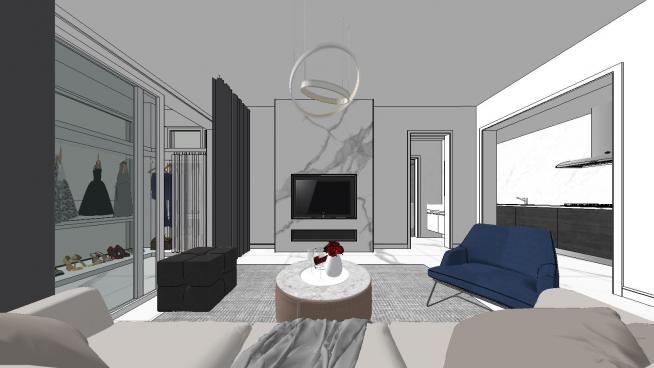 现代简约单身公寓客厅卧室SU模型