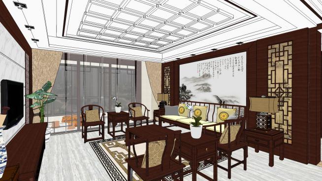 中式古典风格客厅餐厅SU模型