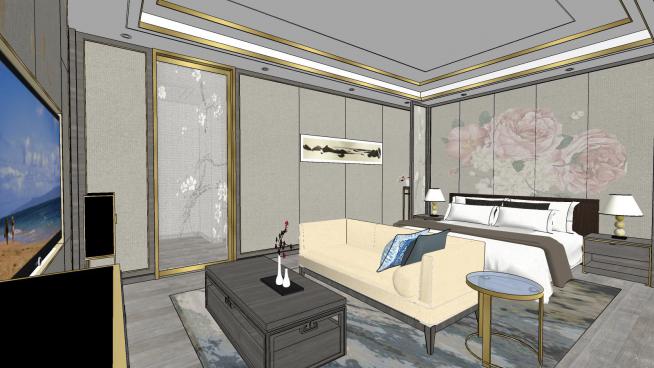 新中式复式别墅四层主卧室SU模型