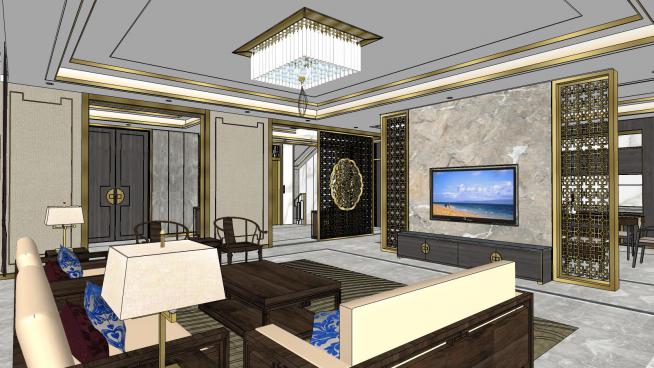 新中式复式别墅一层客厅餐厅SU模型