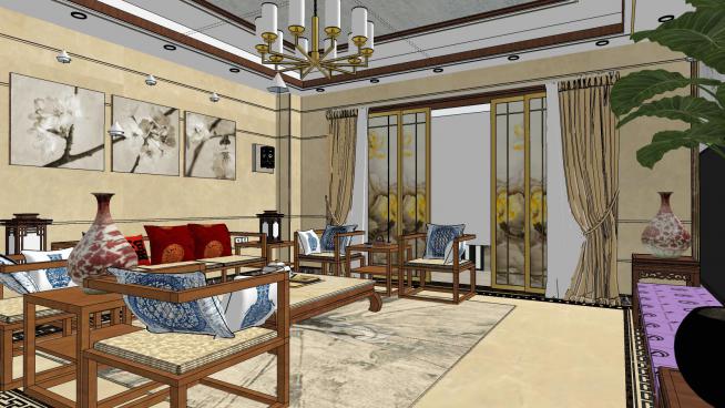 中式风格客厅餐厅SU模型