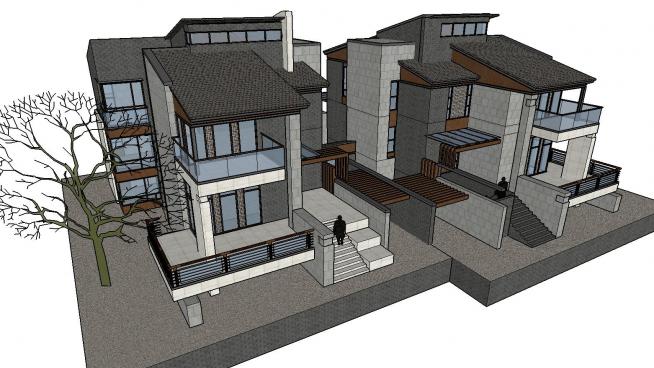新中式别墅双拼建筑经典设计住宅SU模型