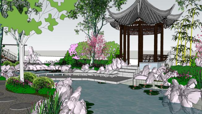中式风格别墅庭院景观SU模型