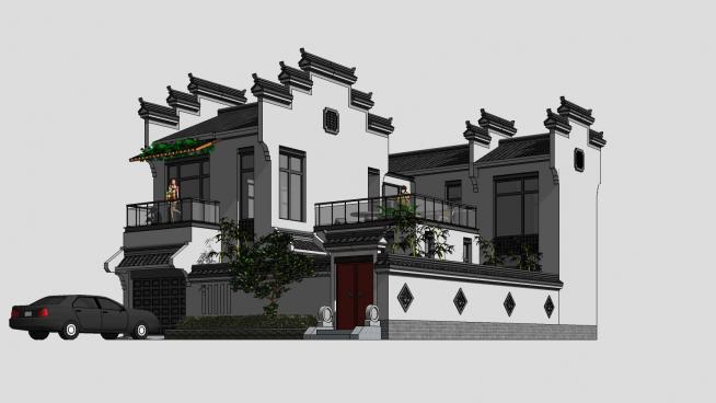 新中式徽派农村风格别墅建筑SU模型