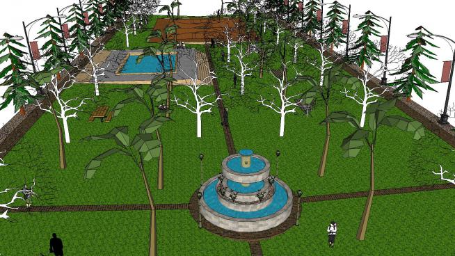 绿地公园喷泉水景户外设备SU模型