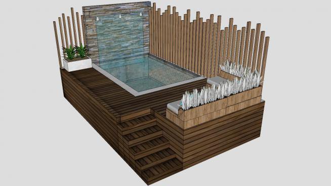 泡温泉的洗澡池木质SU模型