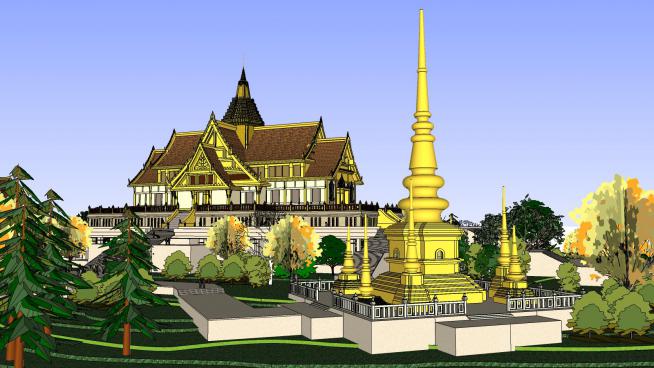 寺庙群落佛教泰国风格4层宗教SU模型