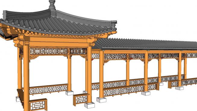 中式长廊古建筑亭子SU模型