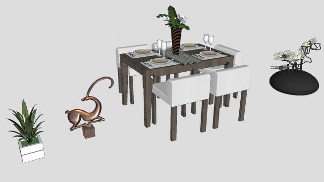 餐桌椅花盆植物盆栽小鹿雕塑工艺品SU模型